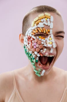 Artistic expression using colorful pills on a person’s face, exploring themes of healthcare and mental health.