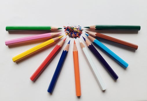 白色背景上，彩色铅笔以圆圈排列，刨花点缀其间，顶视图充满活力