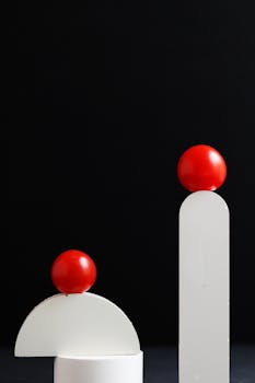 这幅极简主义几何艺术作品，在黑色背景上以白色形状衬托着一个红色球体