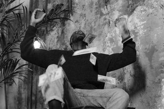 An African American man celebrating with falling money in a stylish black and white setting.