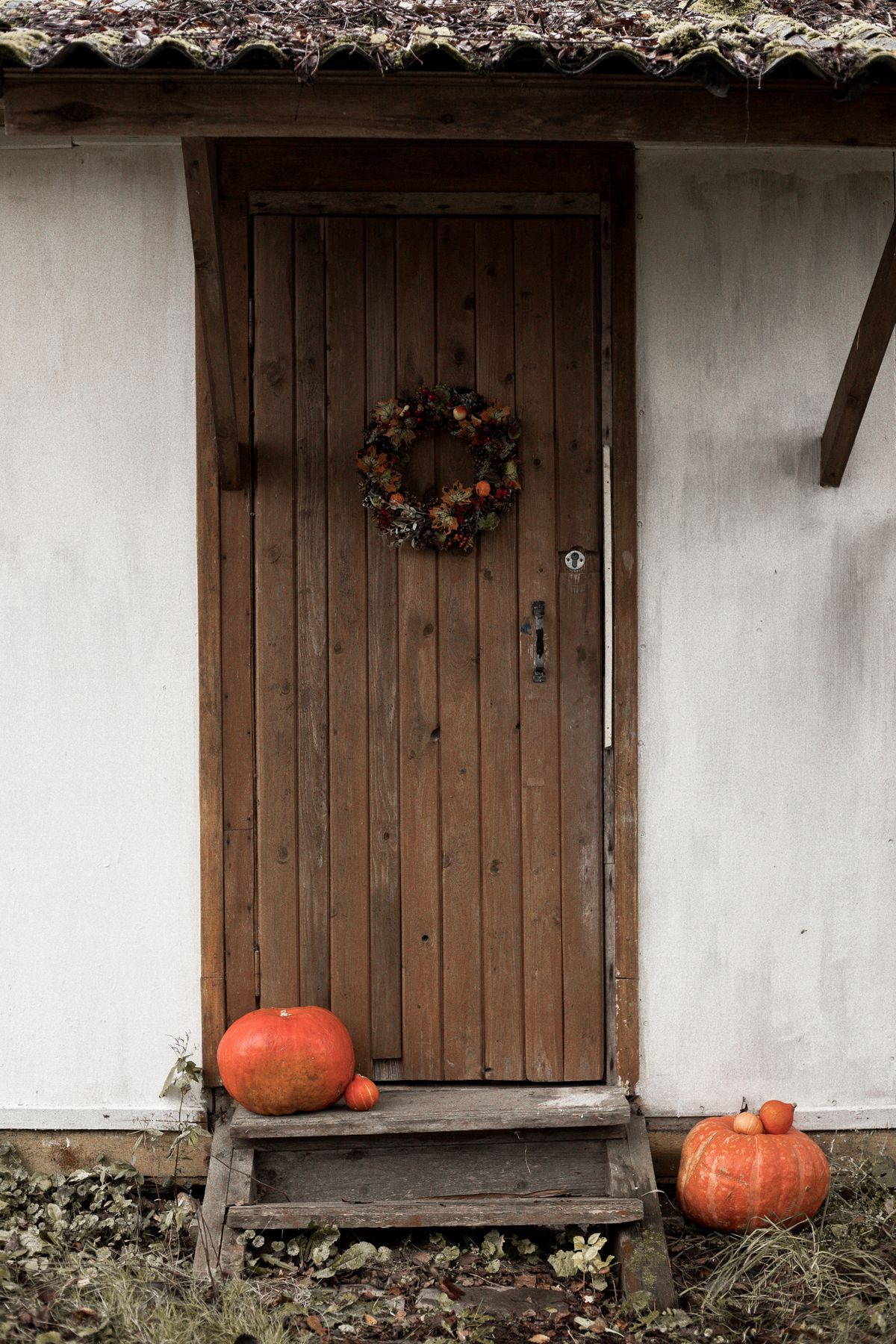Pumpkins arranged by a brown wooden front door