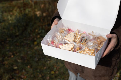Free A Person Holding a Box of Gingerbread Cookies Stock Photo