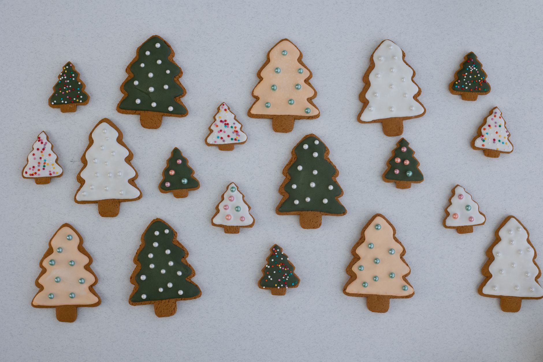 Biscoitos de gengibre em forma de árvore de Natal variados com cobertura colorida e granulado sobre um fundo branco.