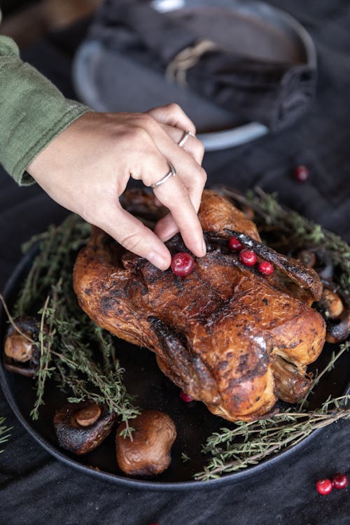 Person Holding Cooked Turkey on Black Round Plate
