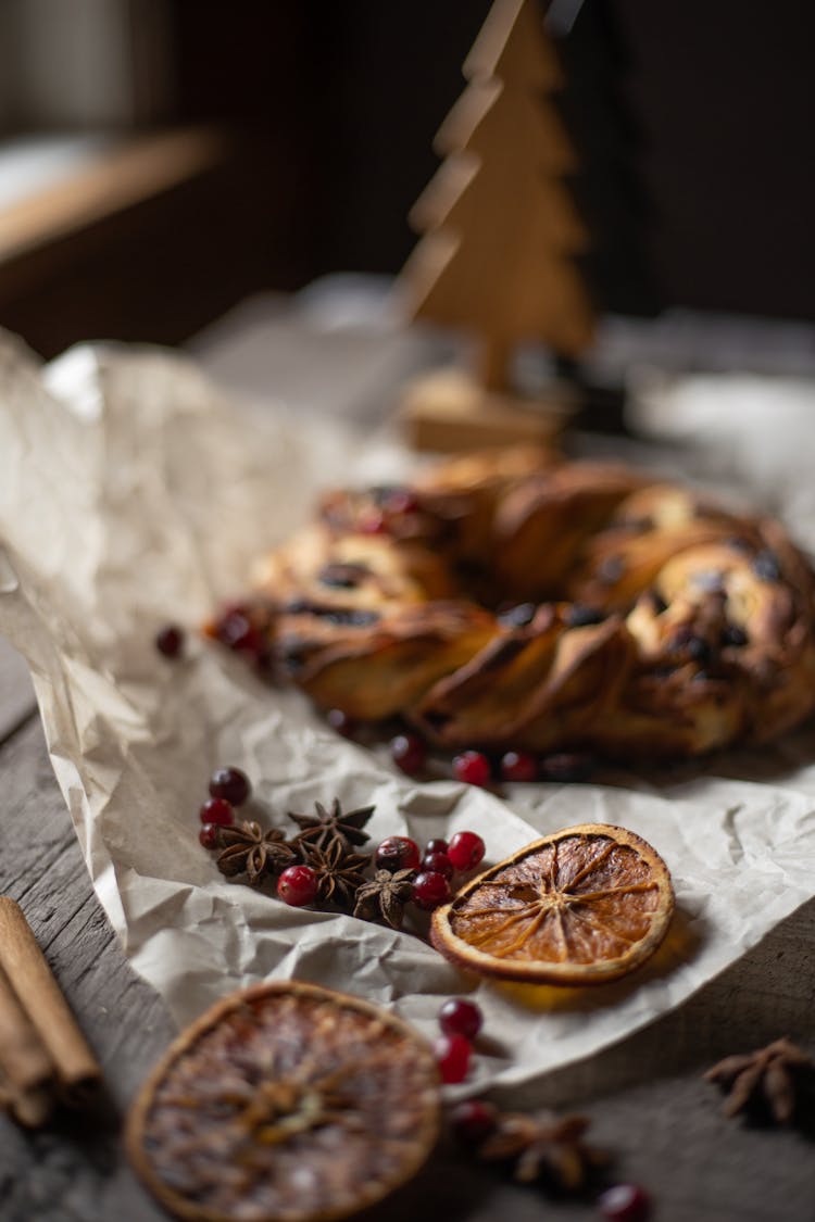 Christmas Cake With Decorations On Table