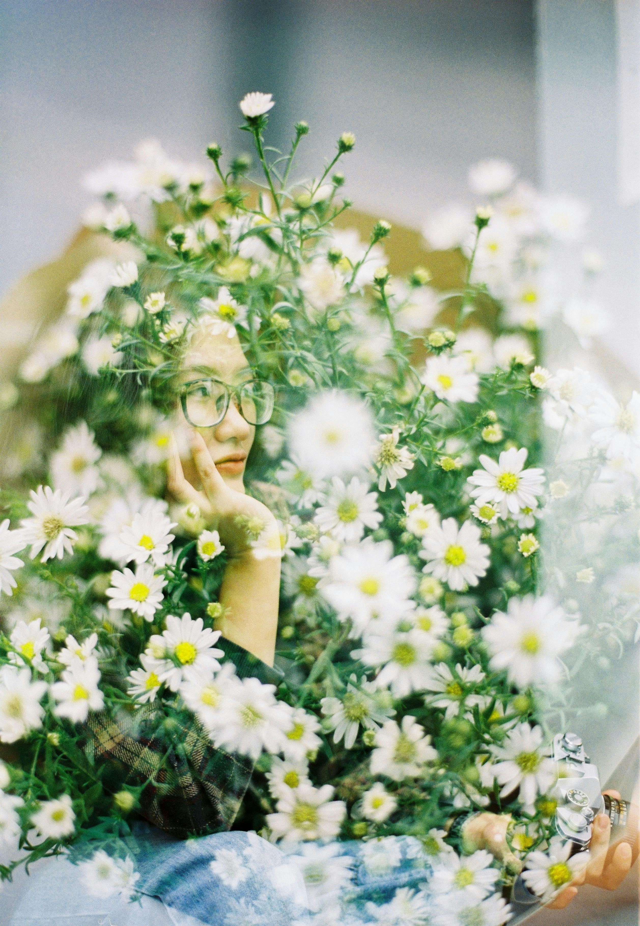 A whimsical portrait of a woman seen through a daisy flower field creates an ethereal effect.