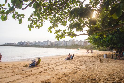 A serene beach setting with people relaxing under trees, near buildings by the sea.