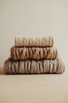 A stack of three cozy knit sweaters in neutral beige and brown tones, perfect for autumn and winter fashion.