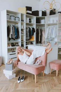 Elderly woman enjoying a call in a stylish shop with clothing and shoes.