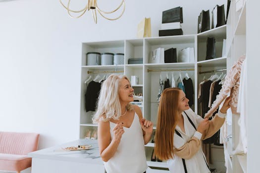 A joyful moment of shopping between a grandmother and granddaughter in a stylish boutique.