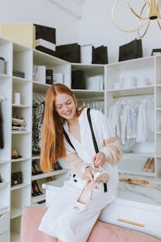 Young woman joyfully holding shoes in a modern boutique. Chic and stylish atmosphere.