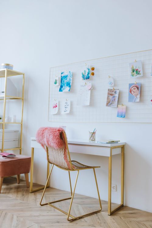 Free Stylish workspace with chic furniture and minimalist decor, ideal for modern interior design. Stock Photo