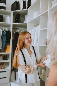 A young woman with long hair shops for clothes in a stylish boutique closet setting.