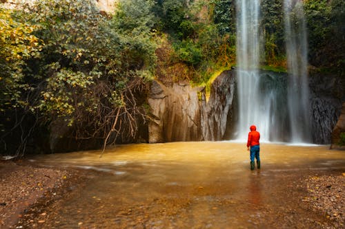 Free Person Standing on Shallow Water Beside a Waterfalls Stock Photo