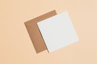 一个棕色的极简主义扁平信封，背景柔和，上面有一张空白卡片