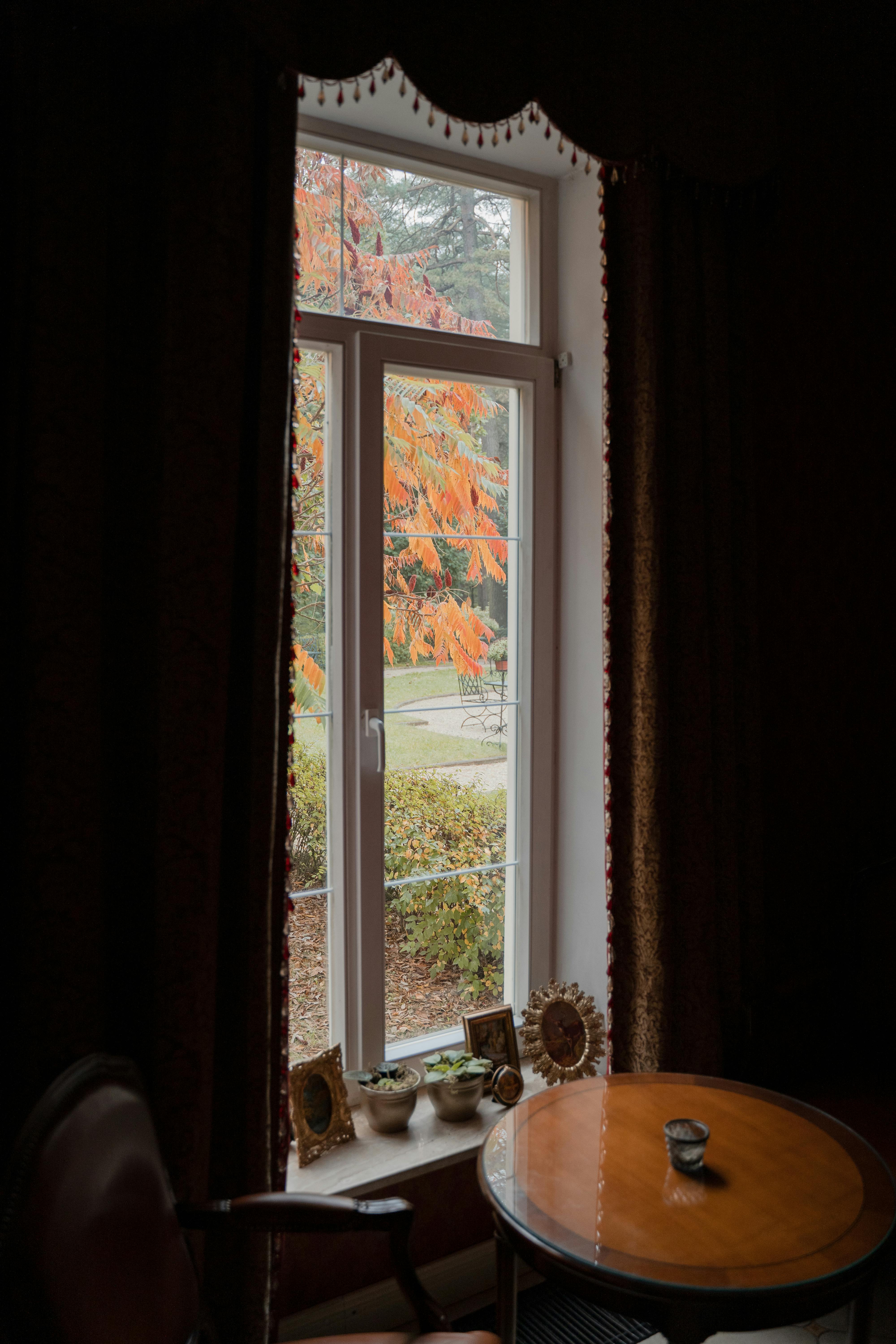 vintage curtains over windows and table