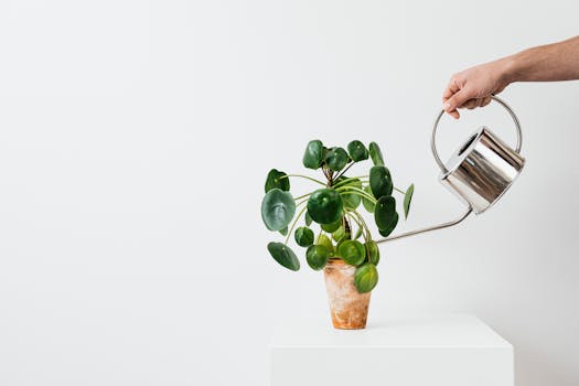 一只手持金属喷壶，在白色背景前的陶罐中为一株中国金钱植物浇水