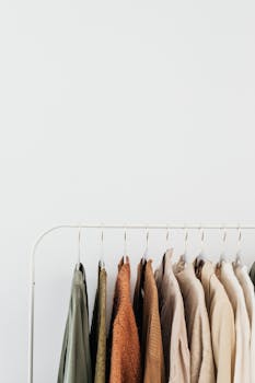 Elegant neutral-toned clothes hanging on a white rail against a plain background, perfect for fashion themes.