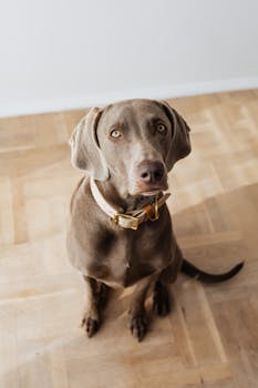 一只可爱的威马纳尔狗坐在木地板上，抬头仰望