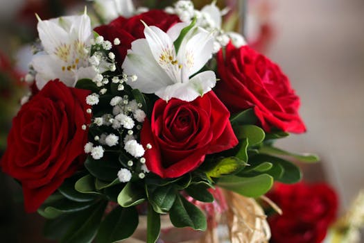充满活力的花束特写，点缀着红玫瑰与白百合