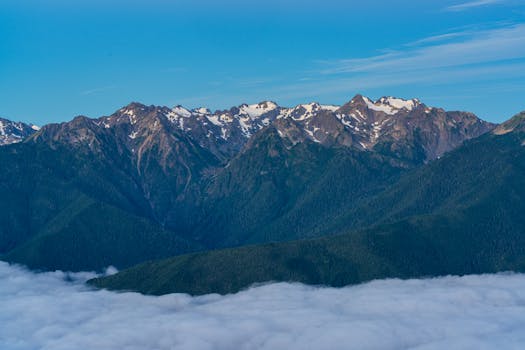 Breathtaking view of the Olympic Mountains with snowcapped peaks under a clear blue sky in Washington.