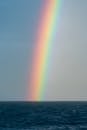 Picturesque scenery of rainbow in cloudless sky over wavy blue sea with rippling surface