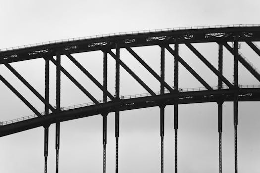 Black and white photo of Sydney Harbour Bridge showcasing its architectural elegance.