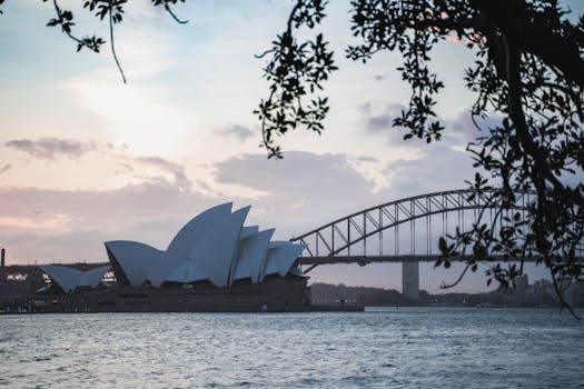Scenic view of Sydney Opera House and Harbor Bridge silhouetted at twilight.