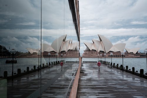 Glass building reflecting majestic Sydney Opera House facade with white unusual panels located on city harbor in daylight