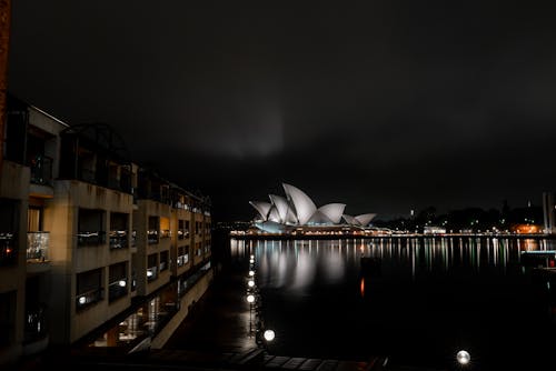 Exterior of glossy white futuristic Sydney Opera House illuminated by luminous lights and located on city embankment at night