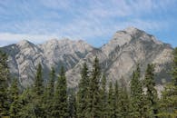 蔚蓝的天空下，群山与松林呈现出一片宁静的景色