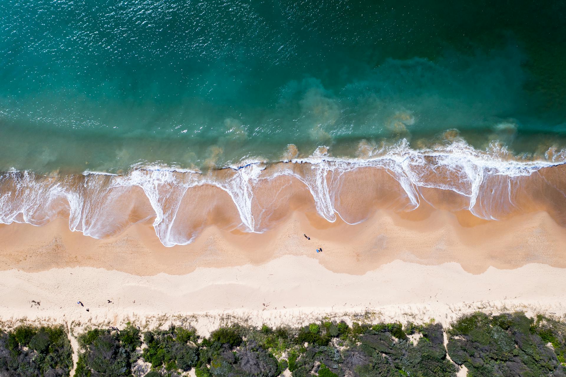 Top view of azure ocean with foamy waves washing sandy coast near green bushes on summer day in tropical resort