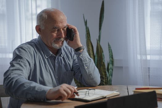 Elderly man talking on phone while working at home office desk.