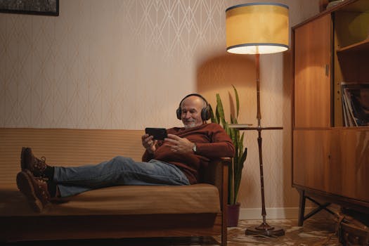 Elderly man enjoys music on headphones while reclining on a sofa at home.