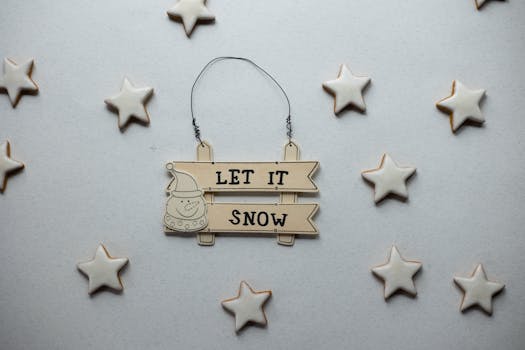 以冬天为主题的图像“让它雪”标志，由白色背景上的星状曲奇饼环绕