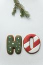 From above of Ho letters gingerbread cookies decorated with royal icing placed on white table near twig of Christmas tree