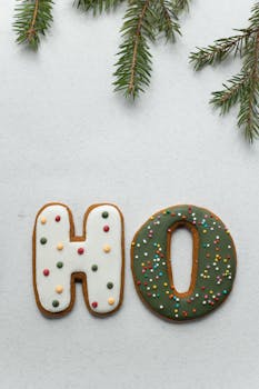 圣诞假期期间，白色背景上排列着五彩缤纷的火花，冷杉枝点缀着用釉面装饰的创意姜饼字母顶视图