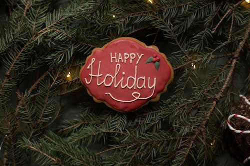 Top view of delicious gingerbread biscuit with bright icing and inscription on coniferous tree sprigs during New Year holiday