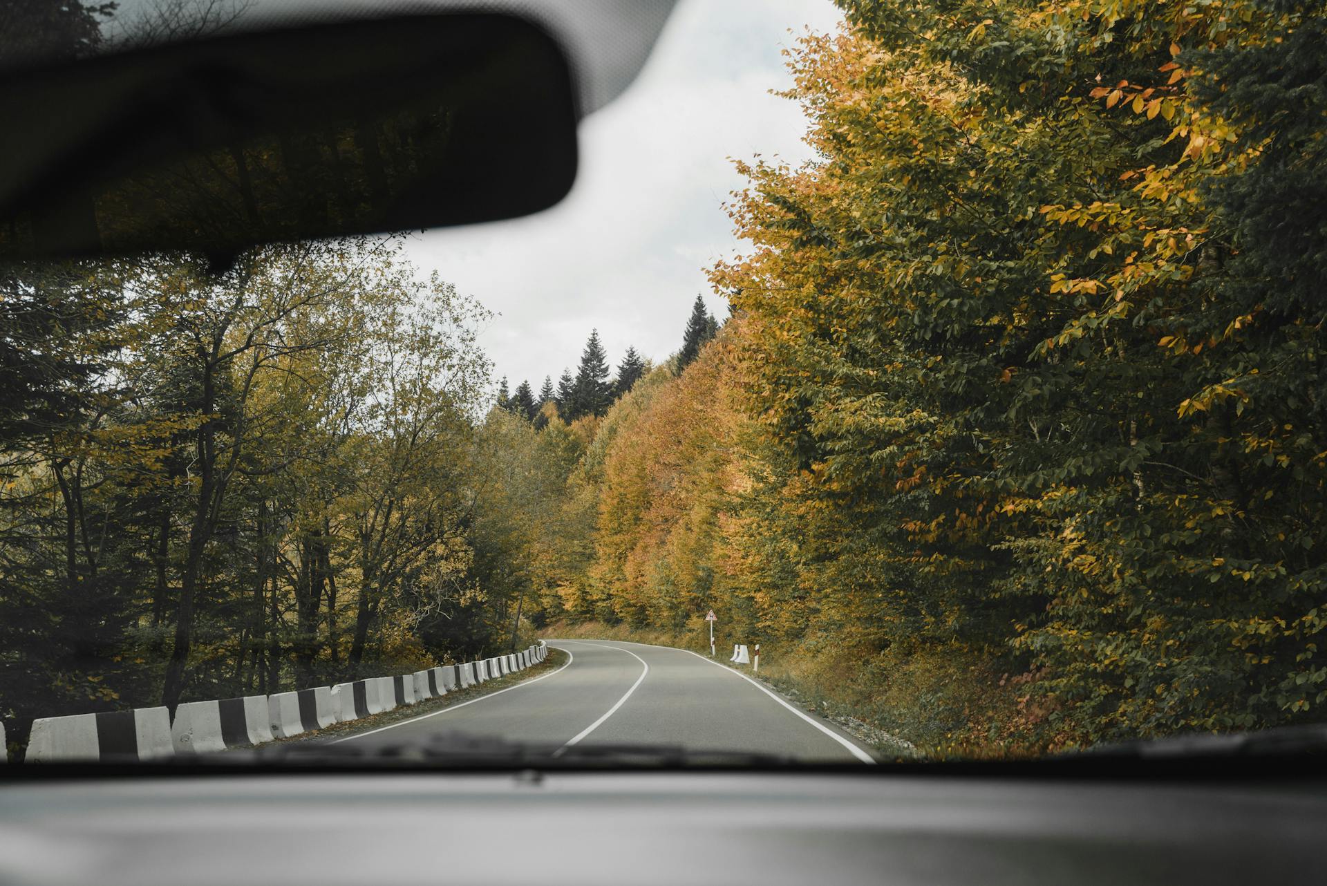 View from a car windshield of a winding autumn forest road with colorful foliage.