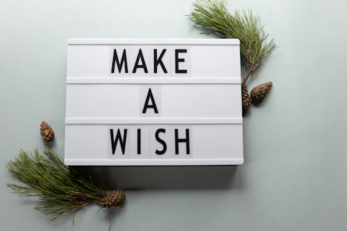 Top view of Make A Wish title on signboard above spruce sprigs with pine cones during New Year holiday on light background