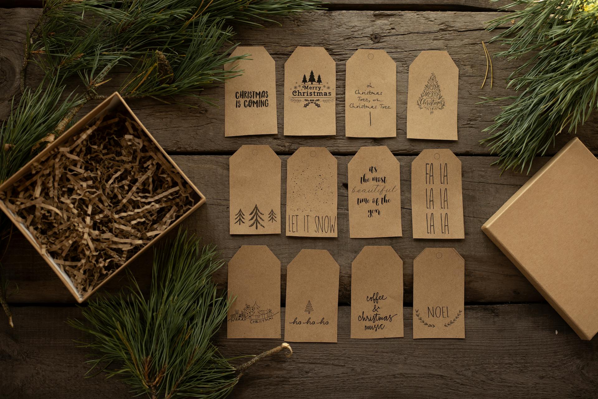 Collection of decorative tags with inscriptions for New Year holiday