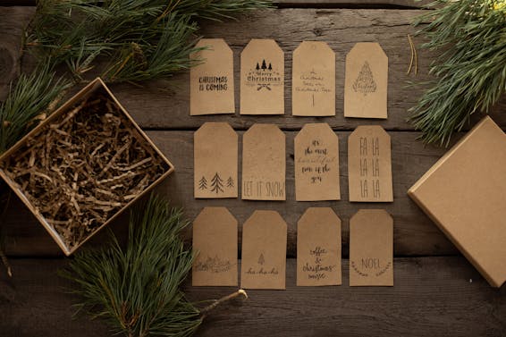 Collection of decorative tags with inscriptions for New Year holiday