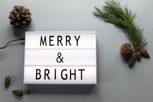 Top view composition of dim lamp with inscription Merry and Bright placed on table near pine cones and coniferous tree branch