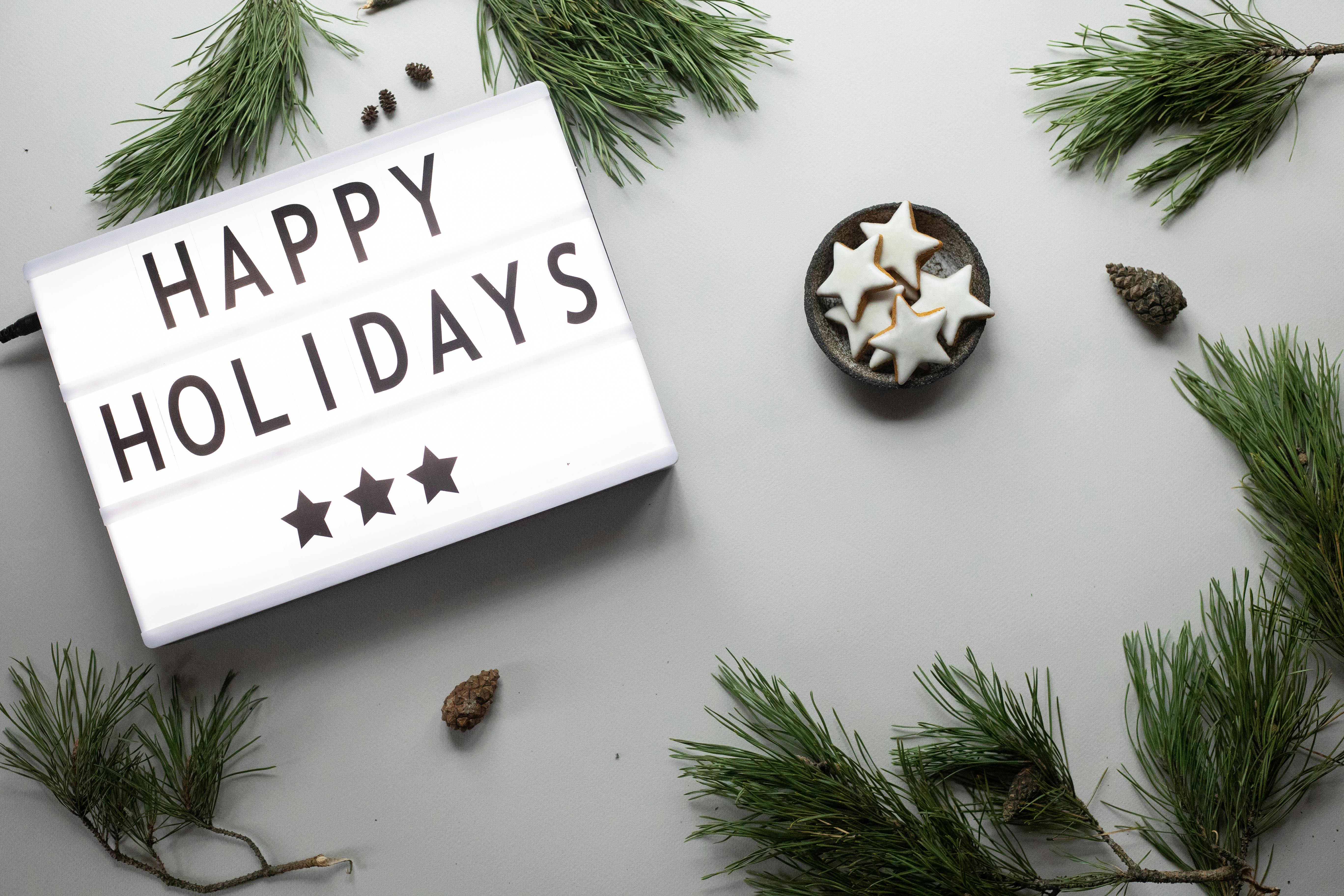 Christmas composition with star cookies and pine tree branches and cones ·  Free Stock Photo