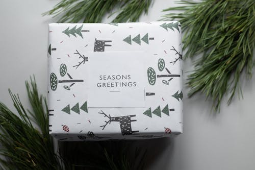 Gift wrapped in festive paper with trees and deer between green tree branches