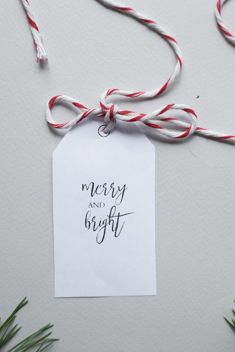 Merry And Bright Written On Paper Tag With Decorative String