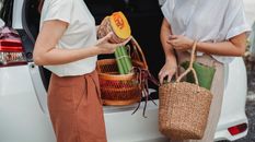 两名妇女把有机蔬菜从汽车上卸下来，装进柳条篮里