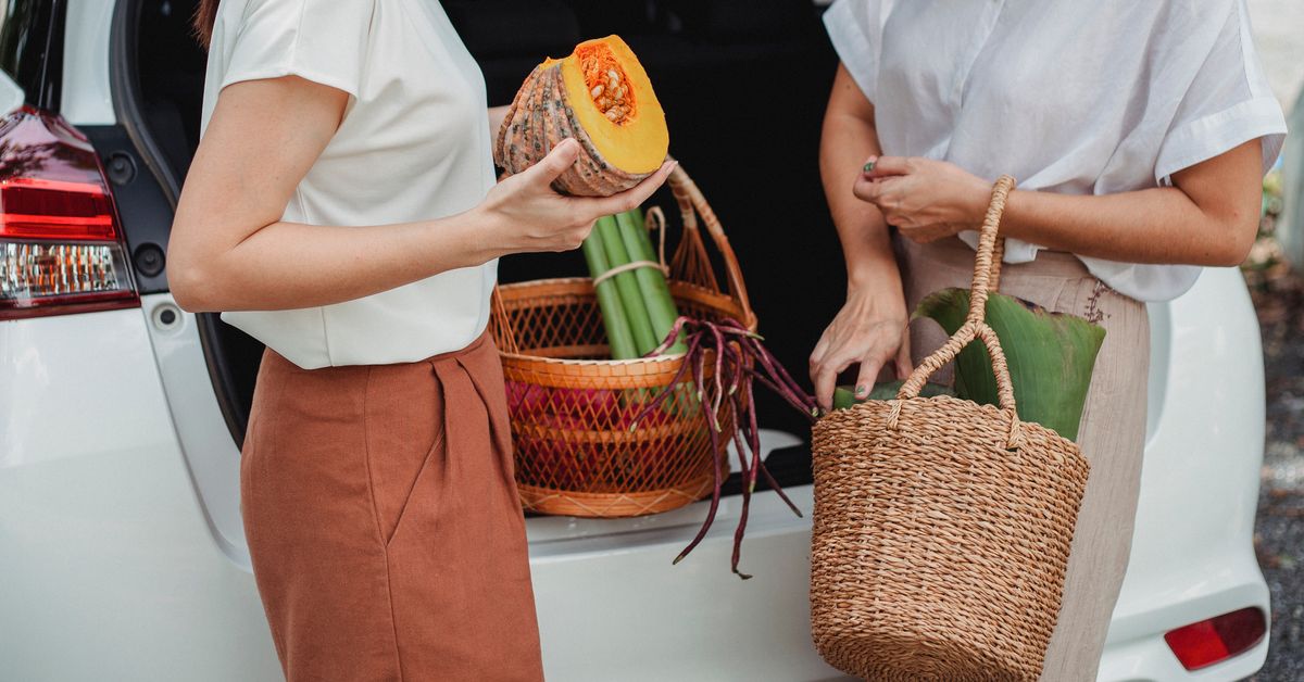 Colheita caseira Mulheres com cestos de abóboras e legumes colhidos ao lado de um carro
