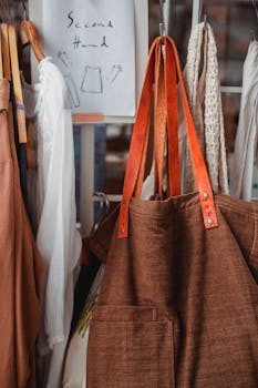 Eco-friendly second hand clothing on display with stylish brown bag in a boutique.