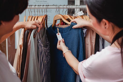 Two women browse clothes in a boutique, examining a blue dress.